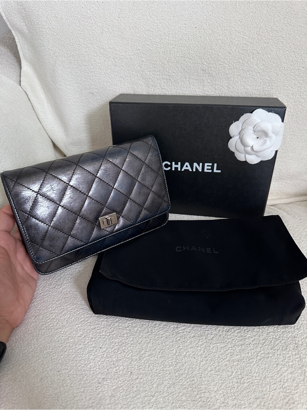 CHANEL Iridescent Quilted Wallet on Chain - Silver/Black